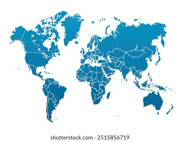 Mapa del mundo con colores individuales para cada continente, aislado sobre fondo blanco.