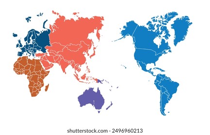 Map of the world with individual colors for website layouts,background, education, precise, customizable, Travel worldwide,map silhouette backdrop,earth geography,political, reports.