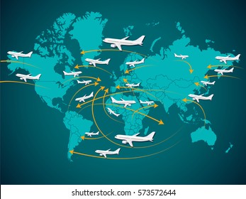 Map of the world international flights. Plane