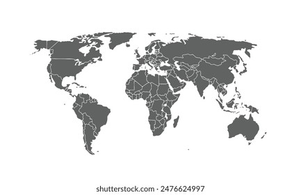 Map of world isolated on white background. for website layouts, background, education, precise, customizable, Travel worldwide, map silhouette backdrop, earth geography, political, reports.