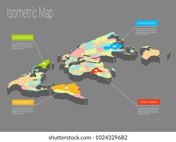 Map world isometric concept. Political World Map isometric 3D infographic. EPS World map infographics design template