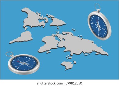 Map world isometric. Vector illustration of travel concept with detailed blue compass and map world. Map world 3D. 3D compass.