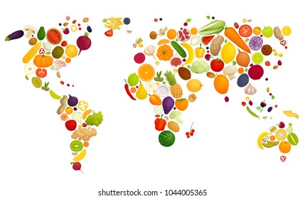 Map of the world laid out of vegetables and fruits. Food in the form of continents. Vector illustration.