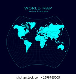Map of The World. Larrivee projection. Futuristic Infographic world illustration. Bright cyan colors on dark background. Radiant vector illustration.