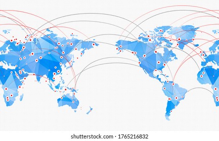Map of world with linking points between continents. Vector illustration. Trendy triangles design