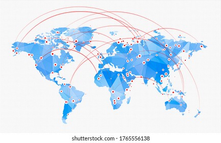 Map of world with linking points between continents. Vector illustration. Trendy triangles design