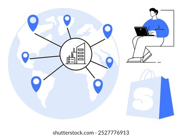 A map of the world with location pins connected to a central hub. It also shows a person using a laptop and a shopping bag. Ideal for supply chain management, logistics planning, global business