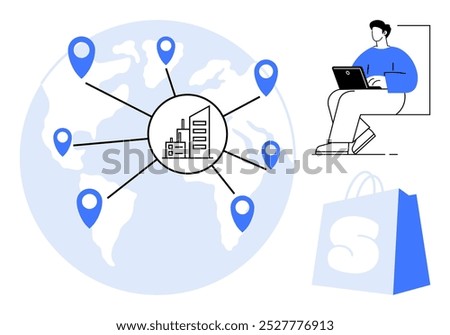 A map of the world with location pins connected to a central hub. It also shows a person using a laptop and a shopping bag. Ideal for supply chain management, logistics planning, global business