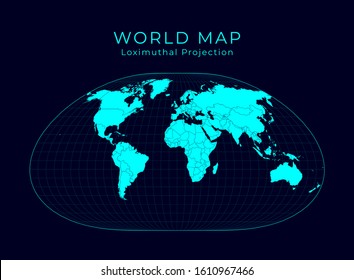 Map of The World. Loximuthal projection. Futuristic Infographic world illustration. Bright cyan colors on dark background. Superb vector illustration.