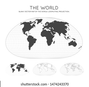 Map of The World. Loximuthal projection. Globe with latitude and longitude lines. World map on meridians and parallels background. Vector illustration.