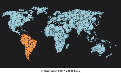 Map of the World made of blue dots and orange South America vector illustration
