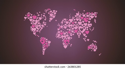 map of the world made colored hearts on a beautiful background with elements of lines