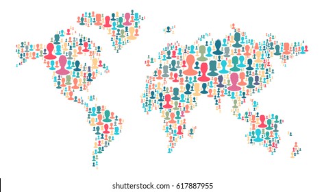 The map of the world made of plenty people silhouettes. Collection of different people portraits placed as world map shape. World map made out of large group of people silhouettes