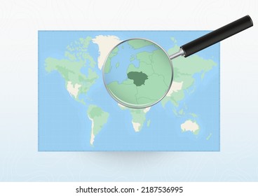 Map of the World with a magnifying glass aimed at Lithuania, searching Lithuania with loupe. Vector map.