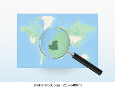 Map of the World with a magnifying glass aimed at Mauritania, searching Mauritania with loupe. Vector map.