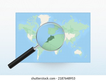 Map of the World with a magnifying glass aimed at Morocco, searching Morocco with loupe. Vector map.
