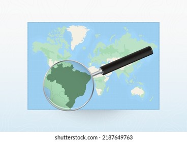 Map of the World with a magnifying glass aimed at Brazil, searching Brazil with loupe. Vector map.