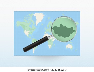 Mapa del mundo con una lupa dirigida a Mongolia, buscando a Mongolia con lupa. Mapa de vectores.
