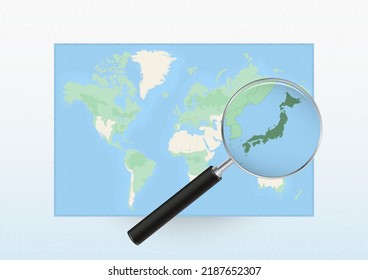 Map of the World with a magnifying glass aimed at Japan, searching Japan with loupe. Vector map.