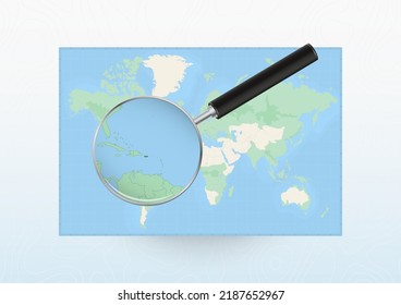 Map of the World with a magnifying glass aimed at Puerto Rico, searching Puerto Rico with loupe. Vector map.