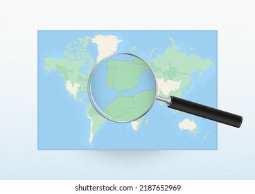 Karte der Welt mit einer Lupe, die auf Gibraltar gerichtet ist, mit Lupe nach Gibraltar. Vektorplan.