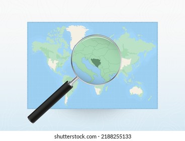 Map of the World with a magnifying glass aimed at Bosnia and Herzegovina, searching Bosnia and Herzegovina with loupe. Vector map.