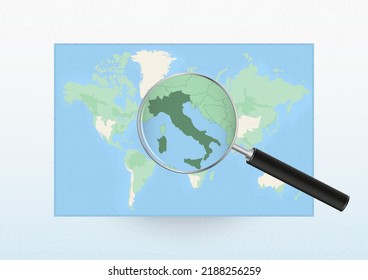 Map of the World with a magnifying glass aimed at Italy, searching Italy with loupe. Vector map.