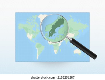 Map of the World with a magnifying glass aimed at Sweden, searching Sweden with loupe. Vector map.