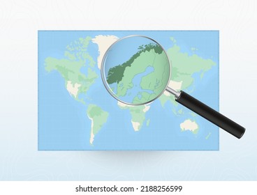 Map of the World with a magnifying glass aimed at Norway, searching Norway with loupe. Vector map.
