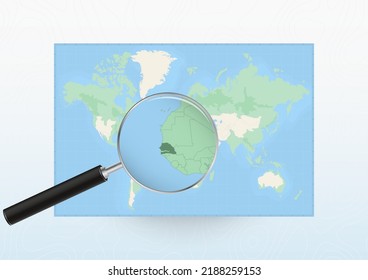 Karte der Welt mit einer Lupe auf Senegal gerichtet, Suche Senegal mit Lupe. Vektorplan.