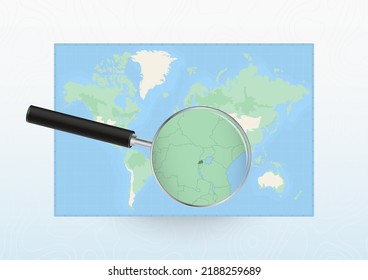 Karte der Welt mit einer Lupe, die auf Ruanda gerichtet war und Ruanda mit Lupe durchsuchte. Vektorplan.