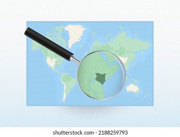 Map of the World with a magnifying glass aimed at Kenya, searching Kenya with loupe. Vector map.