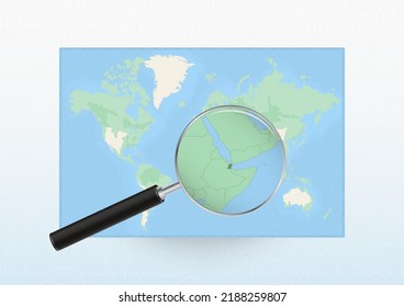 Map of the World with a magnifying glass aimed at Djibouti, searching Djibouti with loupe. Vector map. svg