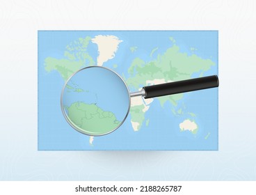 Mapa del mundo con una lupa dirigida a Trinidad y Tobago, buscando en Trinidad y Tobago con lupa. Mapa de vectores.