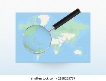 Map of the World with a magnifying glass aimed at The Bahamas, searching The Bahamas with loupe. Vector map.