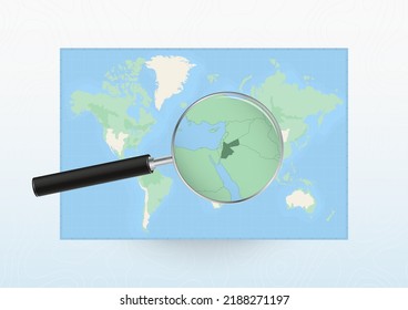 Map of the World with a magnifying glass aimed at Jordan, searching Jordan with loupe. Vector map.