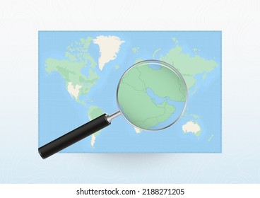 Karte der Welt mit einer Lupe, die nach Bahrain gerichtet ist und mit Lupe nach Bahrain sucht. Vektorplan.