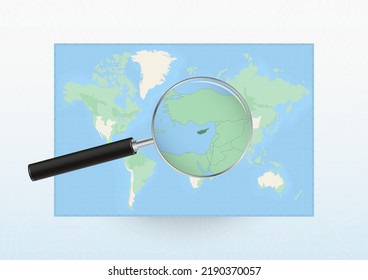 Karte der Welt mit einer Lupe, die auf Zypern gerichtet ist und mit Lupe nach Zypern sucht. Vektorplan.