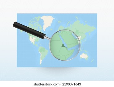 Map of the World with a magnifying glass aimed at Eritrea, searching Eritrea with loupe. Vector map.