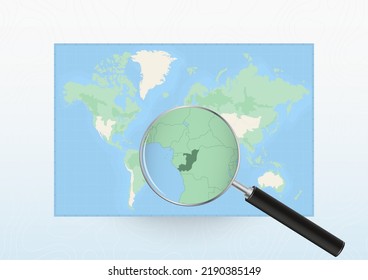 Map of the World with a magnifying glass aimed at Congo, searching Congo with loupe. Vector map.
