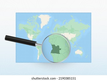 Map of the World with a magnifying glass aimed at Angola, searching Angola with loupe. Vector map.