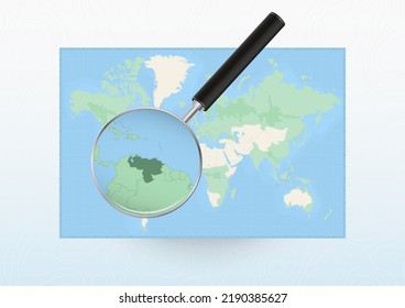 Mapa del mundo con una lupa dirigida a Venezuela, buscando a Venezuela con lupa. Mapa de vectores.