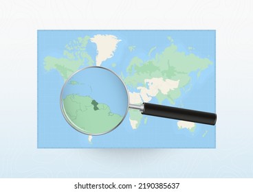 Mapa del mundo con una lupa dirigida a Guyana, buscando en Guyana con lupa. Mapa de vectores.