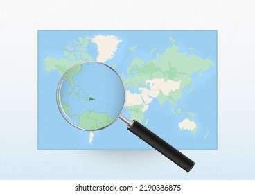 Map of the World with a magnifying glass aimed at Dominican Republic, searching Dominican Republic with loupe. Vector map.