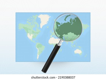 Map of the World with a magnifying glass aimed at Russia, searching Russia with loupe. Vector map.