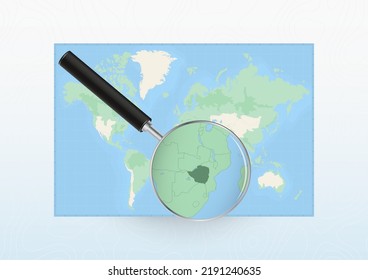 Map of the World with a magnifying glass aimed at Zimbabwe, searching Zimbabwe with loupe. Vector map.