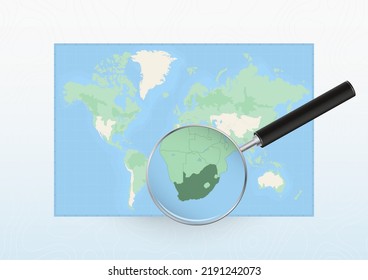 Mapa del mundo con una lupa dirigida a Sudáfrica, buscando a Sudáfrica con lupa. Mapa de vectores.