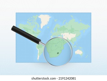 Map of the World with a magnifying glass aimed at Lesotho, searching Lesotho with loupe. Vector map.