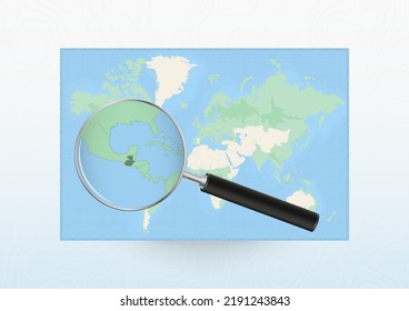 Mapa del mundo con una lupa dirigida a Guatemala, buscando a Guatemala con lupa. Mapa de vectores.