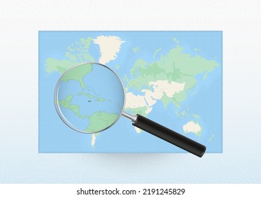 Map of the World with a magnifying glass aimed at Jamaica, searching Jamaica with loupe. Vector map.